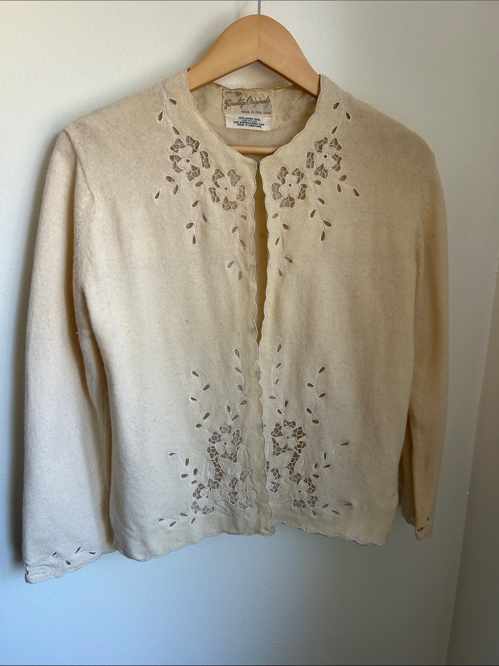 Vintage Prestige Originals Cream Angora Lambswool Cardigan, Floral Cutwork